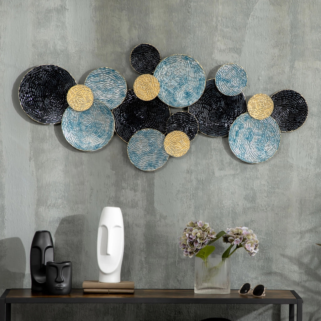 Decorazione Parete 3D con Cerchi ¨C zephmum ¨C Blu + Nero Metallo 121x4x53 cm