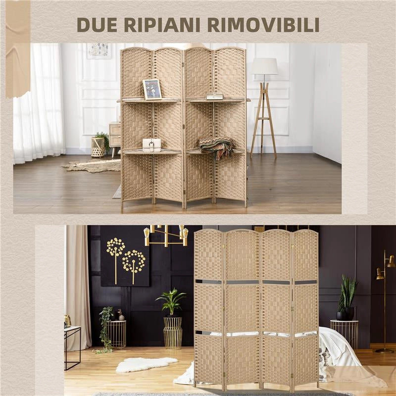 PARAVENTO DA INTERNO A 4 PANNELLI PIEGHEVOLE CON MENSOLE 160X170 CM COLORE NATURALE