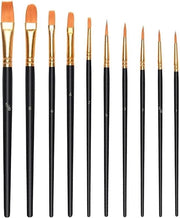 Set di pennelli per verniciare a 10 pezzi - pennelli acrilico/gouache/olio - set di pennelli per dettaglio con punta rotonda e piatta - capelli premium in nylon - maniglie in legno di betulla