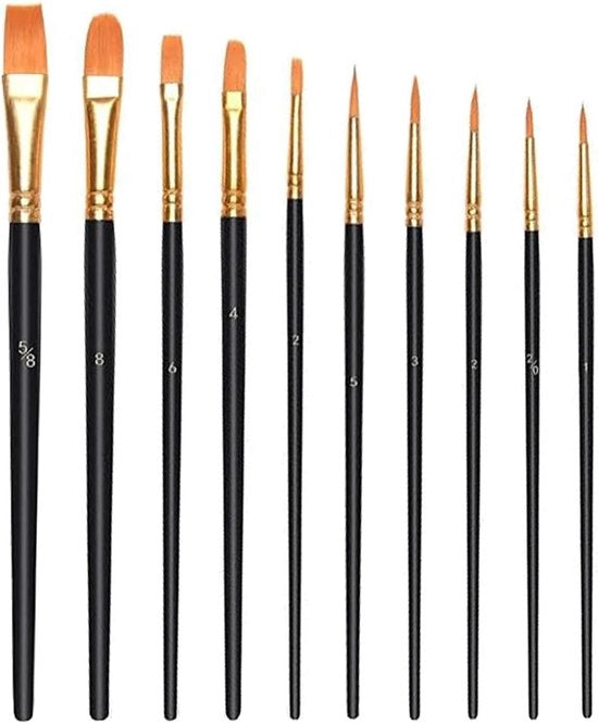 Set di pennelli per verniciare a 10 pezzi - pennelli acrilico/gouache/olio - set di pennelli per dettaglio con punta rotonda e piatta - capelli premium in nylon - maniglie in legno di betulla