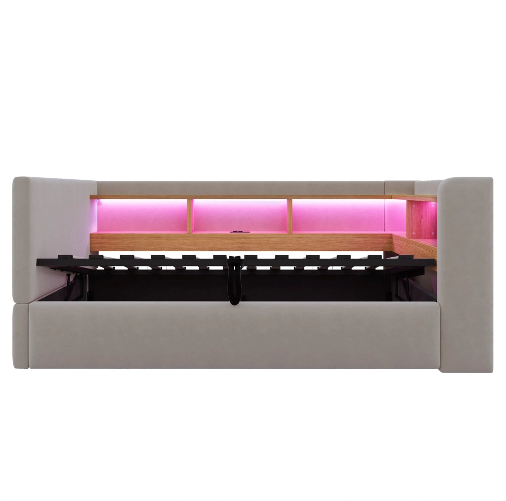 Divano letto 90x190 cm con contenitore idraulico; LED e prese in flanella grigio scuro
