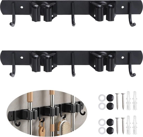 Sostegno per attrezzi per manubrio di spazzola per parete 2 manubri + 3 ganci supporto per attrezzi in acciaio inossidabile con adesivo self-locking per organizzazione di attrezzi in cucina giardino bagno 2 pezzi neri