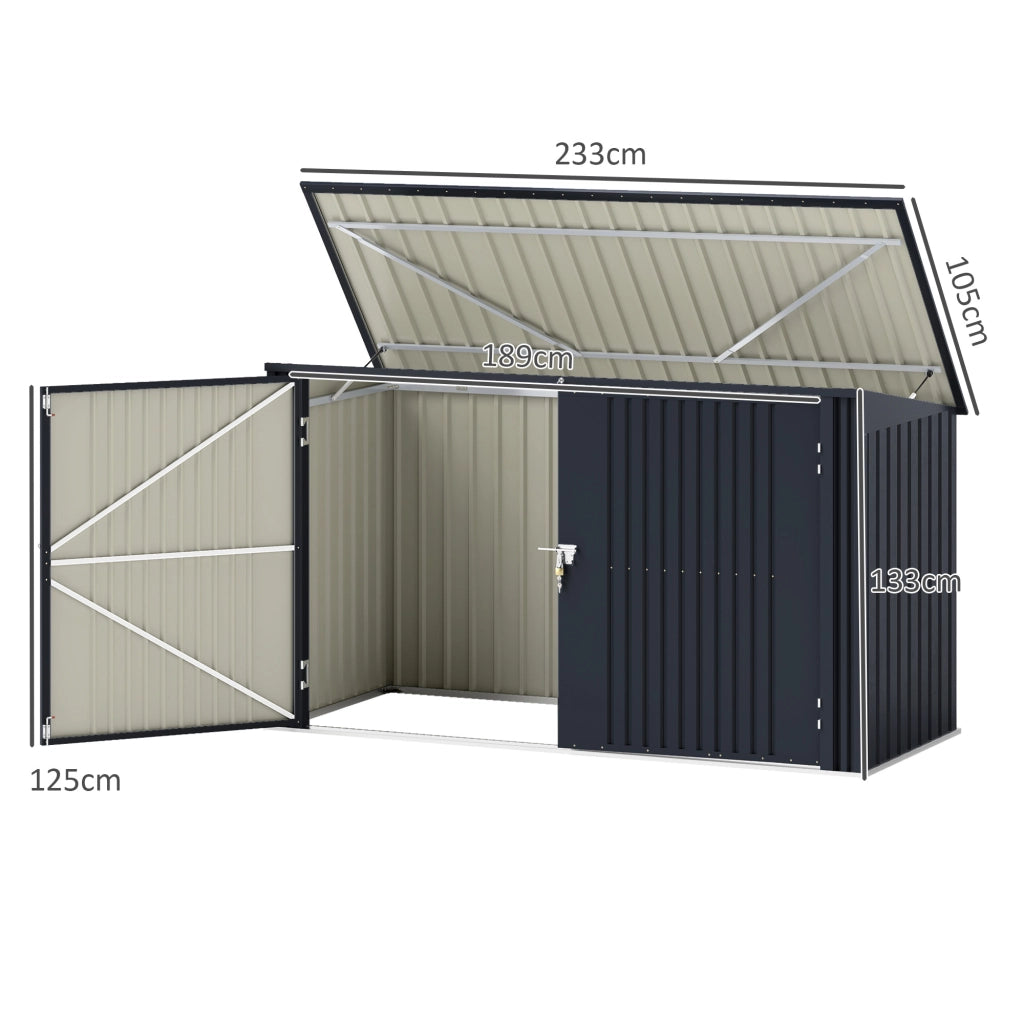 Copribidoni in Acciaio per 3 Cassonetti da 240L con 2 Porte e Coperchio, 233x105x118.5/133 cm, Grigio Scuro