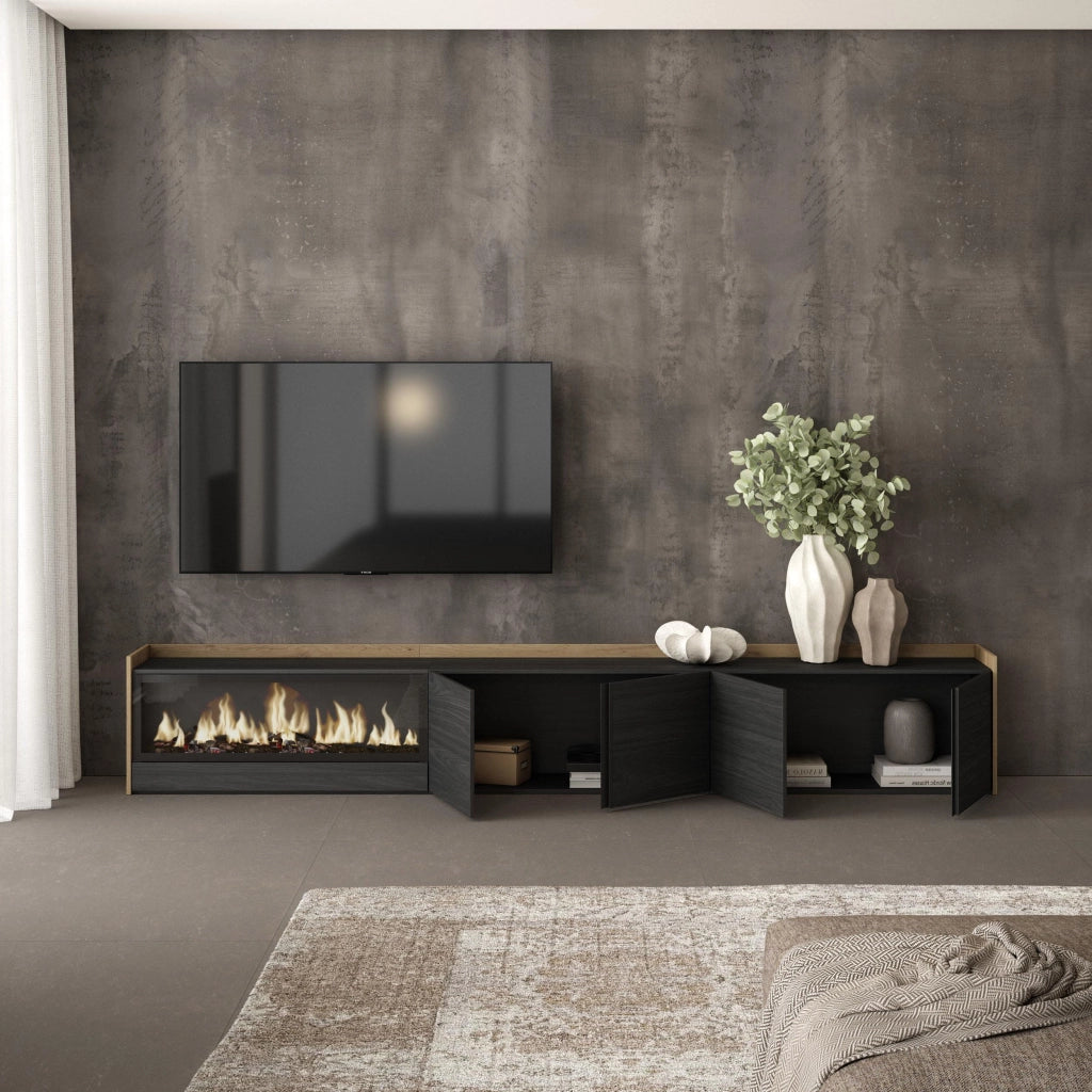Mobile TV Soggiorno, 315x50x35 cm, Per TV fino a 80", Camino elettrico XXL, Nero e rovere