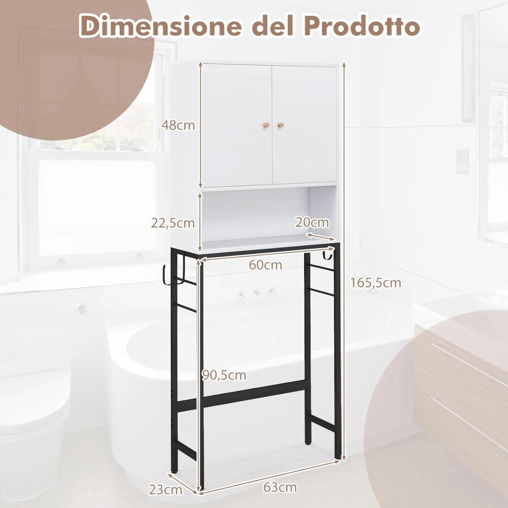 Scaffale Bagno 165,5 cm Sopra WC, Mobile Bagno Salvaspazio con 2 Porte, Ripiano Regolabile, Bara Inferiore Regolabile, 2 Ganci Laterali, Organizzatore sopra Gabinetto per Lavanderia (Bianco)
