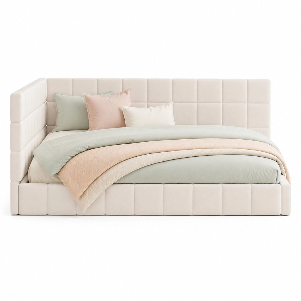 Letto a giorno matrimoniale 140x200 cm in tessuto con rete a doghe; beige
