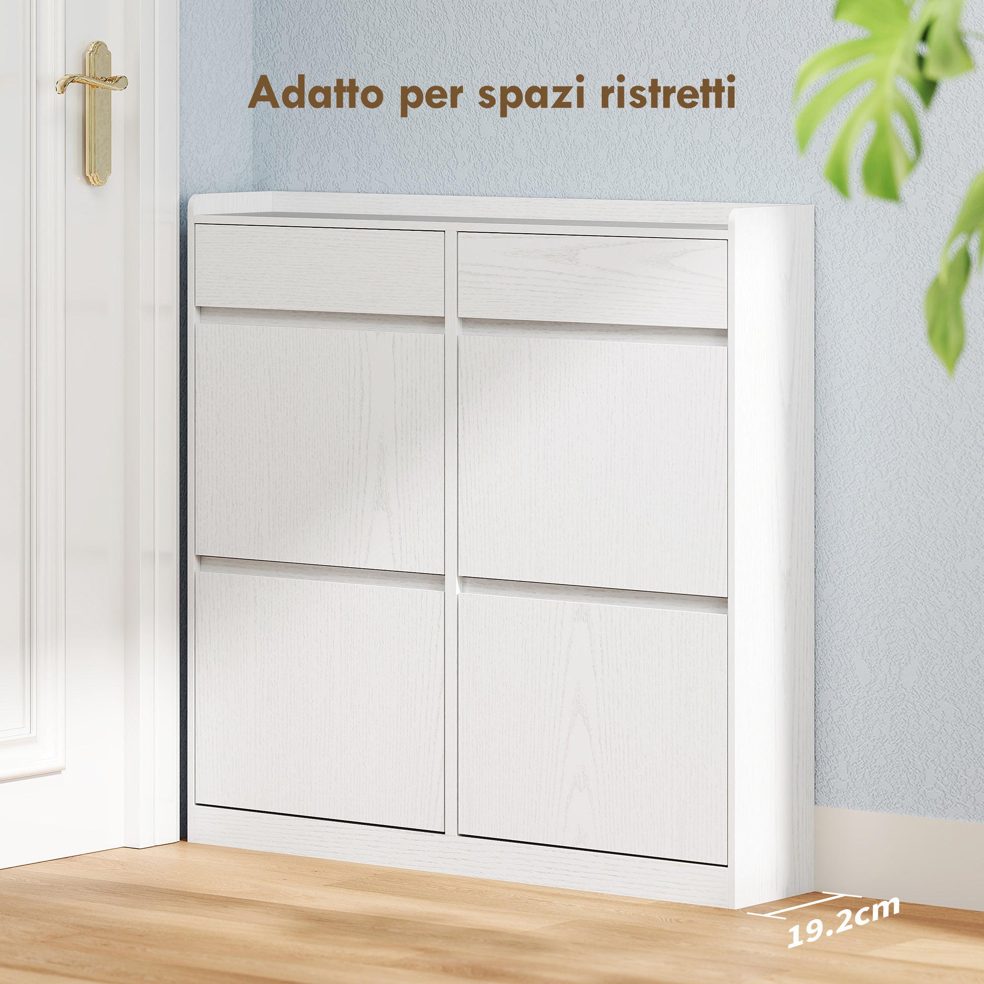 Scarpiera Slim 98x19,2x95,3 cm con 4 Ante a Ribalta e 2 Cassetti in Legno Bianco