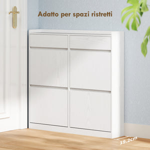 Scarpiera Slim 98x19,2x95,3 cm con 4 Ante a Ribalta e 2 Cassetti in Legno Bianco