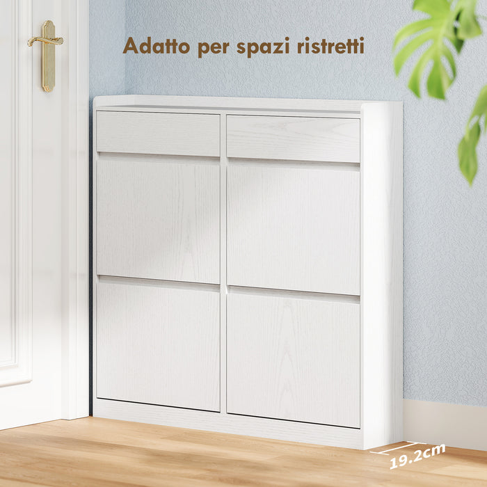 Scarpiera Slim 98x19,2x95,3 cm con 4 Ante a Ribalta e 2 Cassetti in Legno Bianco