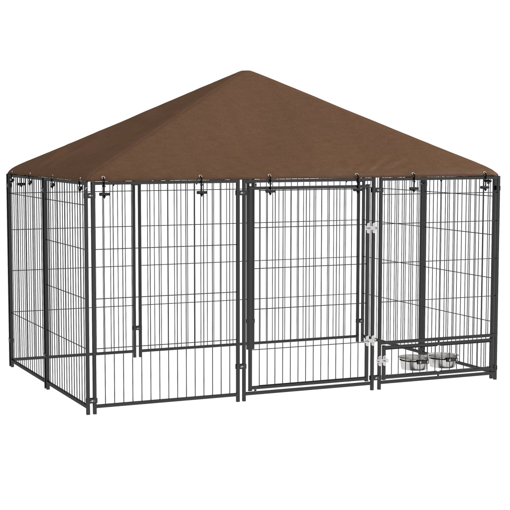 Recinto per Cani 211x141x151 cm con Porticina per Ciotole in Metallo e Tessuto Oxford Nero e Marrone