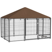 Recinto per Cani 211x141x151 cm con Porticina per Ciotole in Metallo e Tessuto Oxford Nero e Marrone