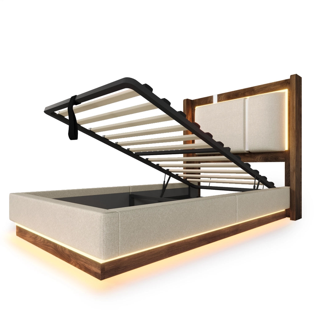 Letto singolo 90x200 cm in lino beige con LED; contenitore con alzata idraulica e rete a doghe
