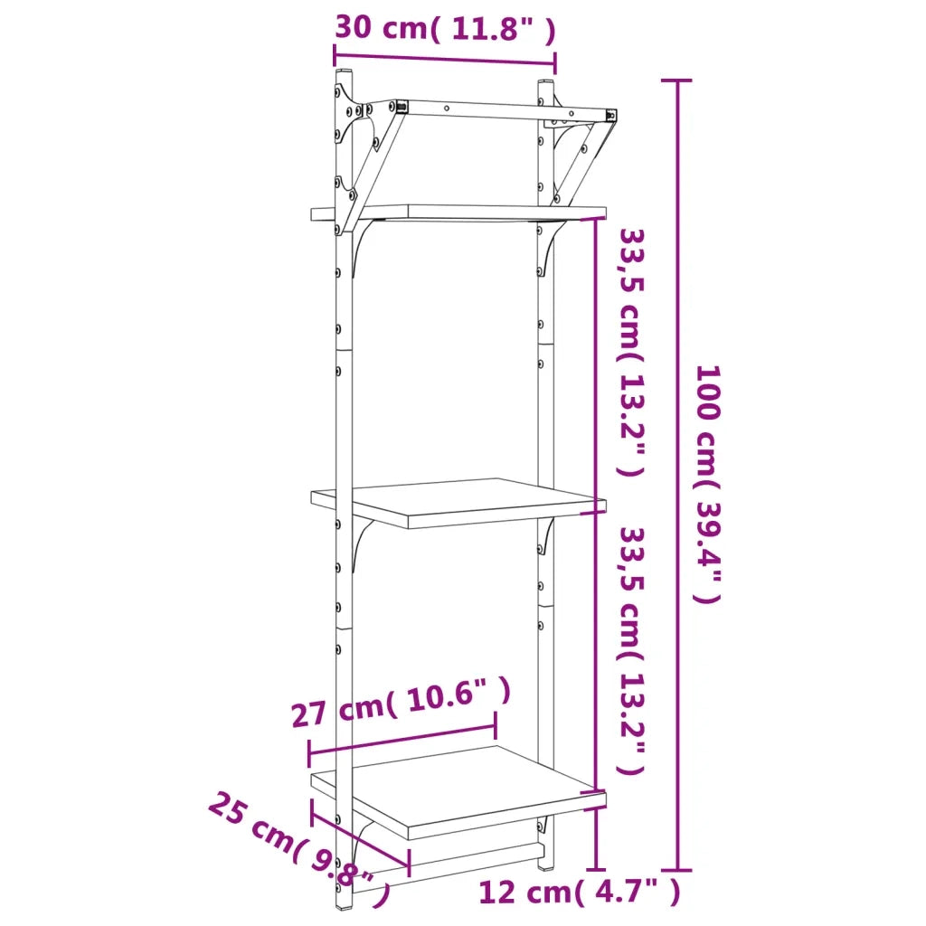 Mensole a Muro con Aste 3 Livelli 2pz Nere 30x25x100 cm 836258