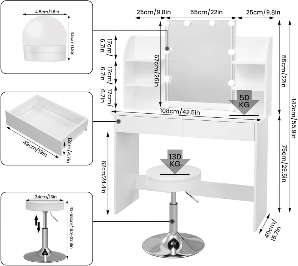 Toeletta Trucco con Specchio, Luci LED Luminosità Regolabile, Sgabello Girevole, 108x40 cm, Tavolo da Trucco Bianco con 2 Cassetti e 4 Ripiani, in Legno, MB6106ws