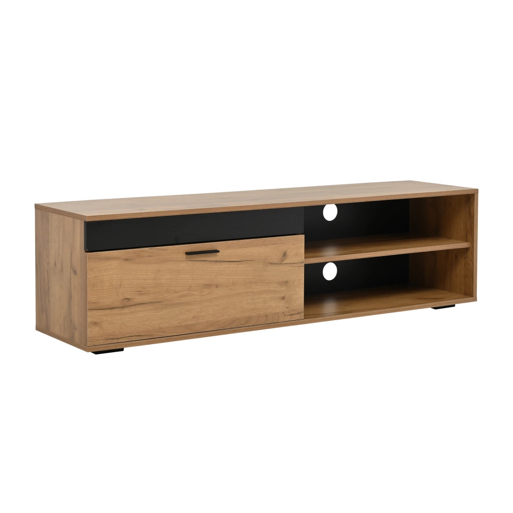 Mobile porta TV con pensile e mensola, 3 pezzi, in truciolato, effetto legno e nero, 140 × 35 × 39 cm