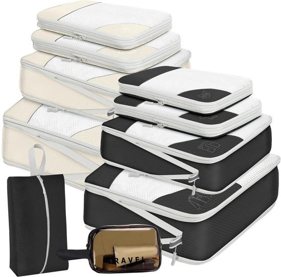 Set di organizzatori di viaggio compressi - 10 pezzi - Impermeabile - Cestino e borsa - Beige e nero