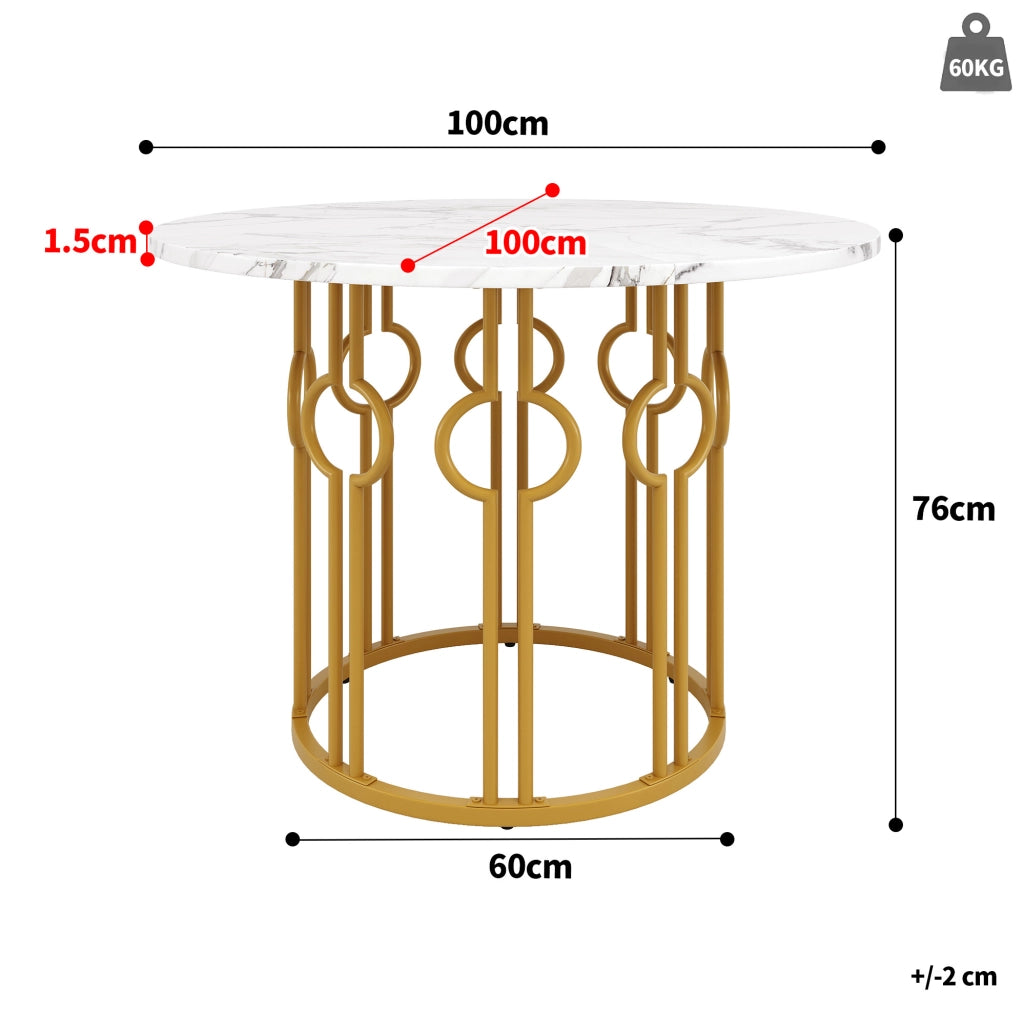 Tavolo da pranzo 100 x 100 x 76 cm in MDF e metallo; bianco e oro
