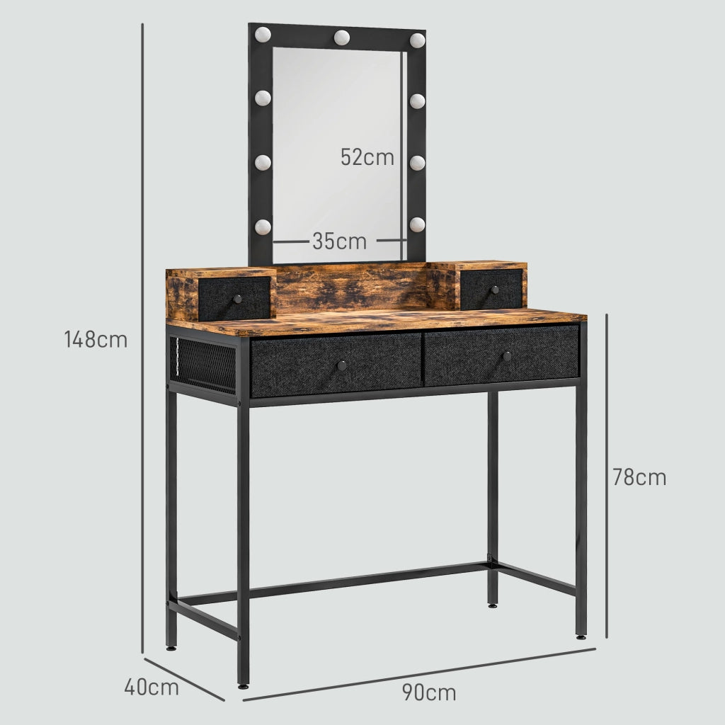 Tavolo trucco con specchio LED regolabile ¨C Minimal ¨C nero, metallo, tessuto, 4 cassetti, effetto legno scuro