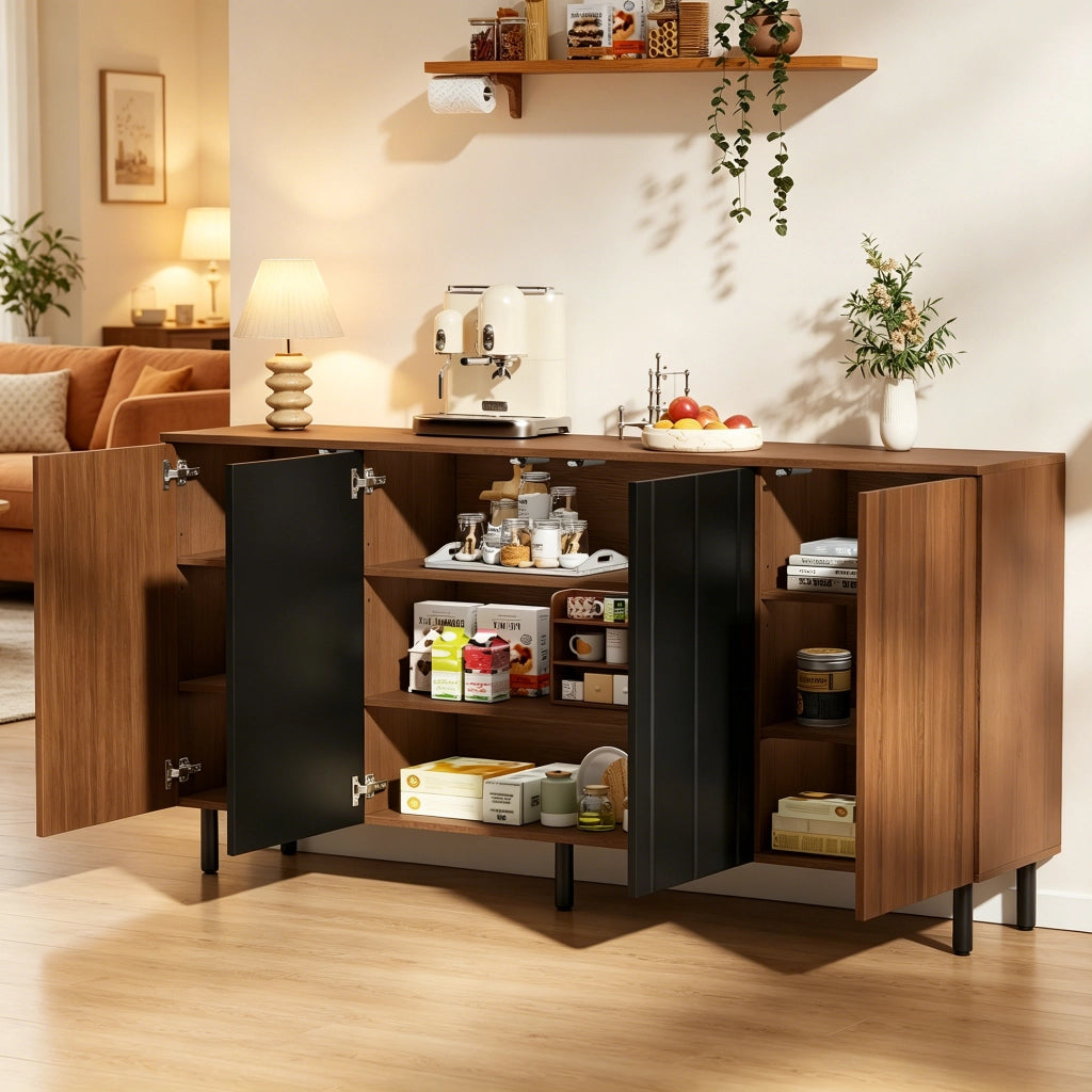 Credenza con 4 ante e ripiani regolabili; ante scanalate e gambe in metallo; per sala da pranzo e cucina; 160×35×80 cm