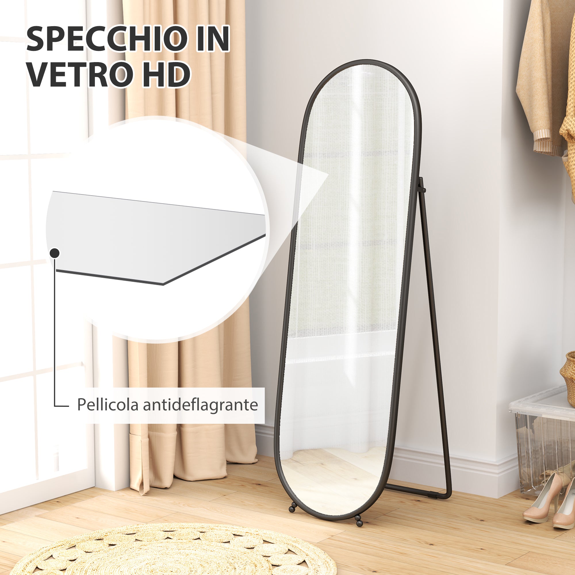 Specchio a Figura Intera da Terra 40x41x159 cm in Vetro e Metallo Nero