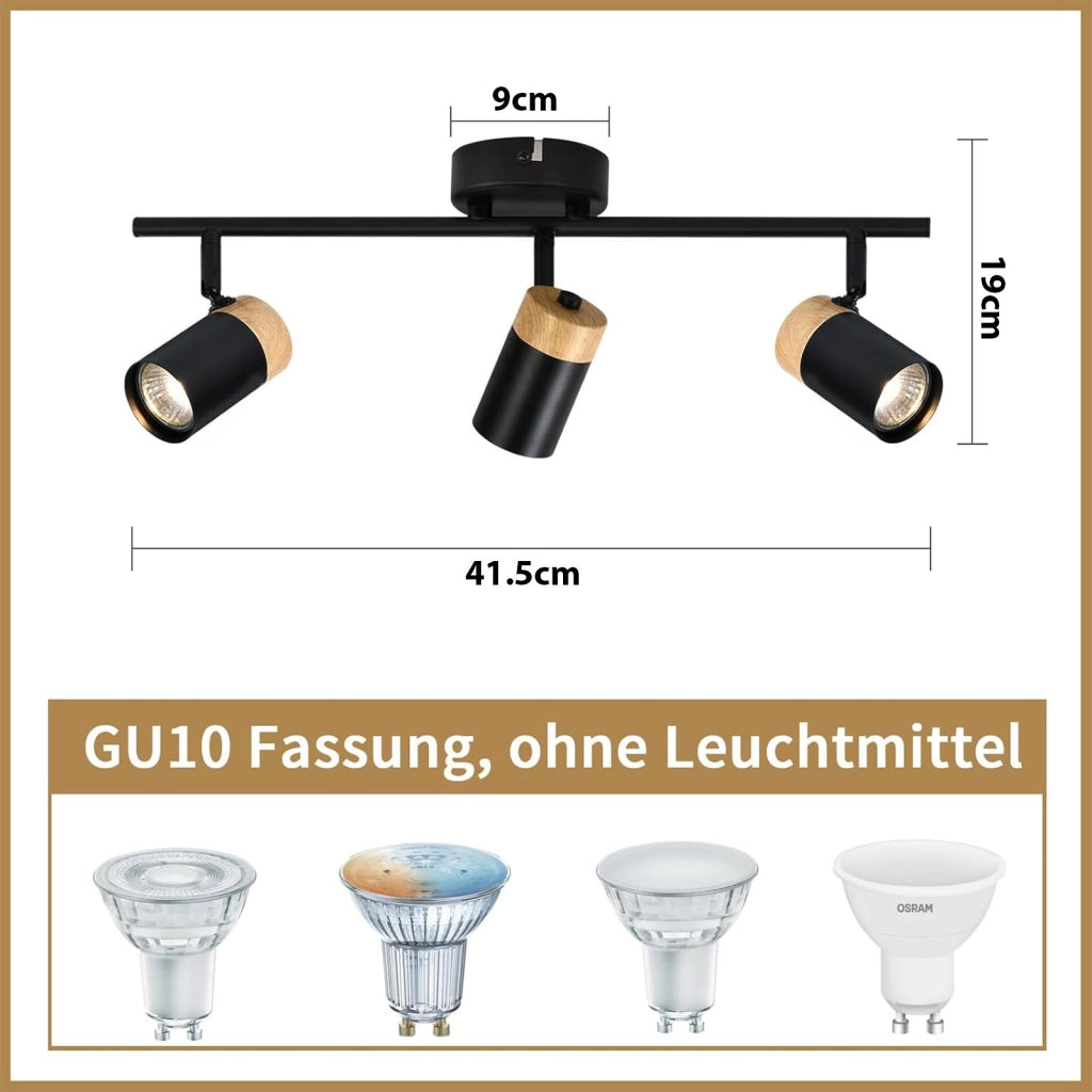 ZMH Lampada da soffitto 3 faretti LED nero girevole 330° senza lampadina