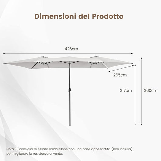 Ombrellone da Giardino Doppia Faccia 426 cm con Manovella, Tetti Ventilati, Grande Ombrellone da Esterno con Palo Metallica e 10 Stecche, Ombrellone per Tavolo per Piscina, Giardino (Beige)