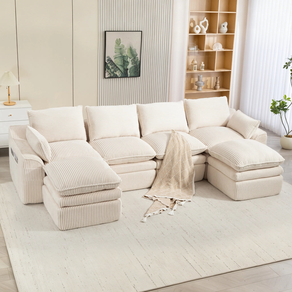 Divano modulare in corduroy beige con tasche laterali, cuscini inclusi e struttura in schiuma a 3 strati