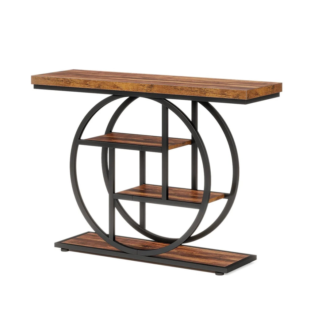 Consolle a 4 livelli in metallo e legno con piano spesso e piedini regolabili nero rustic brown 105 × 30 × 80 cm