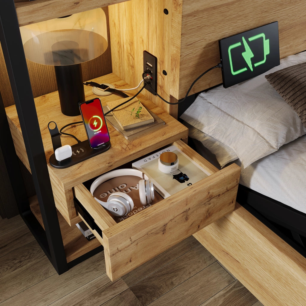 Letto matrimoniale 180x200 cm con contenitore e USB Type-C; struttura in MDF e metallo; rovere