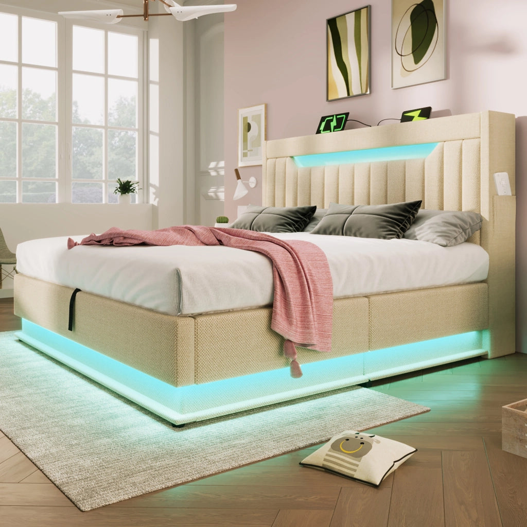 Letti contenitori 180x200 cm; testiera con LED e porte USB; lino beige (Senza materasso)