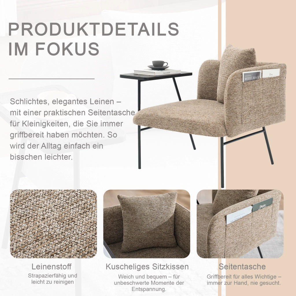 Poltrona con tavolino laterale e tasche laterali; seduta imbottita in ciniglia kaki 86 Ã— 72 Ã— 71 cm