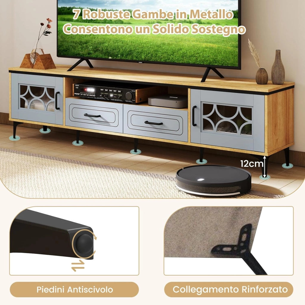 Mobile TV in Legno per Televisori Fino a 80", Mobile Porta TV 180 cm con 2 Cassetti, 2 Armadi e Scomparto, 7 Gambe Metalliche Rialzate, Consolle Media per Soggiorno (Blu)
