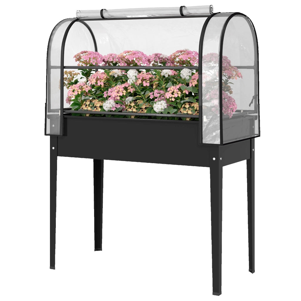 Letto per Orto Rialzato con Copertura Mini Serra e Foro di Drenaggio, 100x49x136 cm, Nero