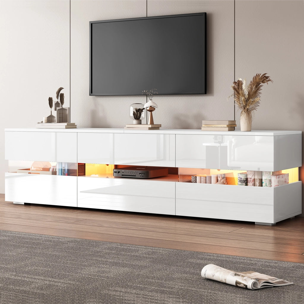 Mobile TV moderno bianco lucido 160x39x45 cm con LED, 2 ante, 1 cassetto, vano aperto, per TV fino a 70 pollici