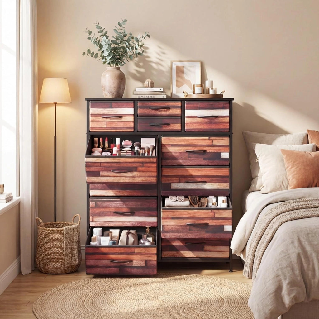 Cassettiera Camera da Letto con 11/14 Cassetti Pieghevoli, Credenza Soggiorno, Mobiletto Contenitore, Comò Multiuso per Salotto, Ingresso, Stile Industriale, in Legno, Metallo (85 x 30 x 120 cm)