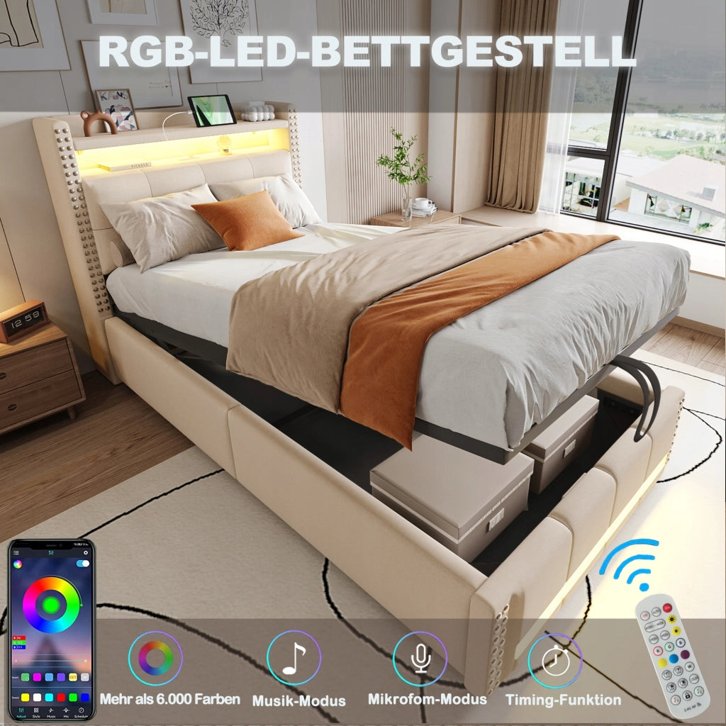 Letto per bambini 90x200 - Xylo - Beige con USB e LED