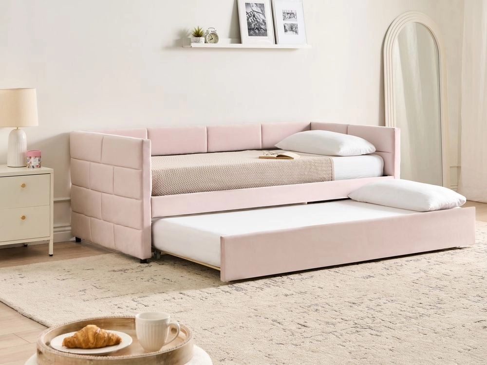 Letto a scomparsa 90 x 200 cm rivestito in velluto rosa, rete a doghe, letto da giorno con cuciture in stile glamour.