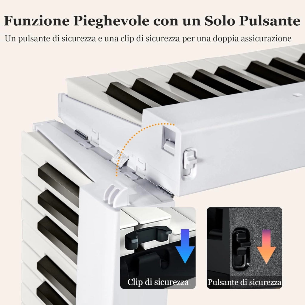 Tastiera Elettronica 88 Tasti Illuminati, Pianoforte Digitale Pieghevole Portatile con Custodia, Sustain Pedali, Modalità di Insegnamento, MP3/USB/MIDI/Bluetooth (Bianco)