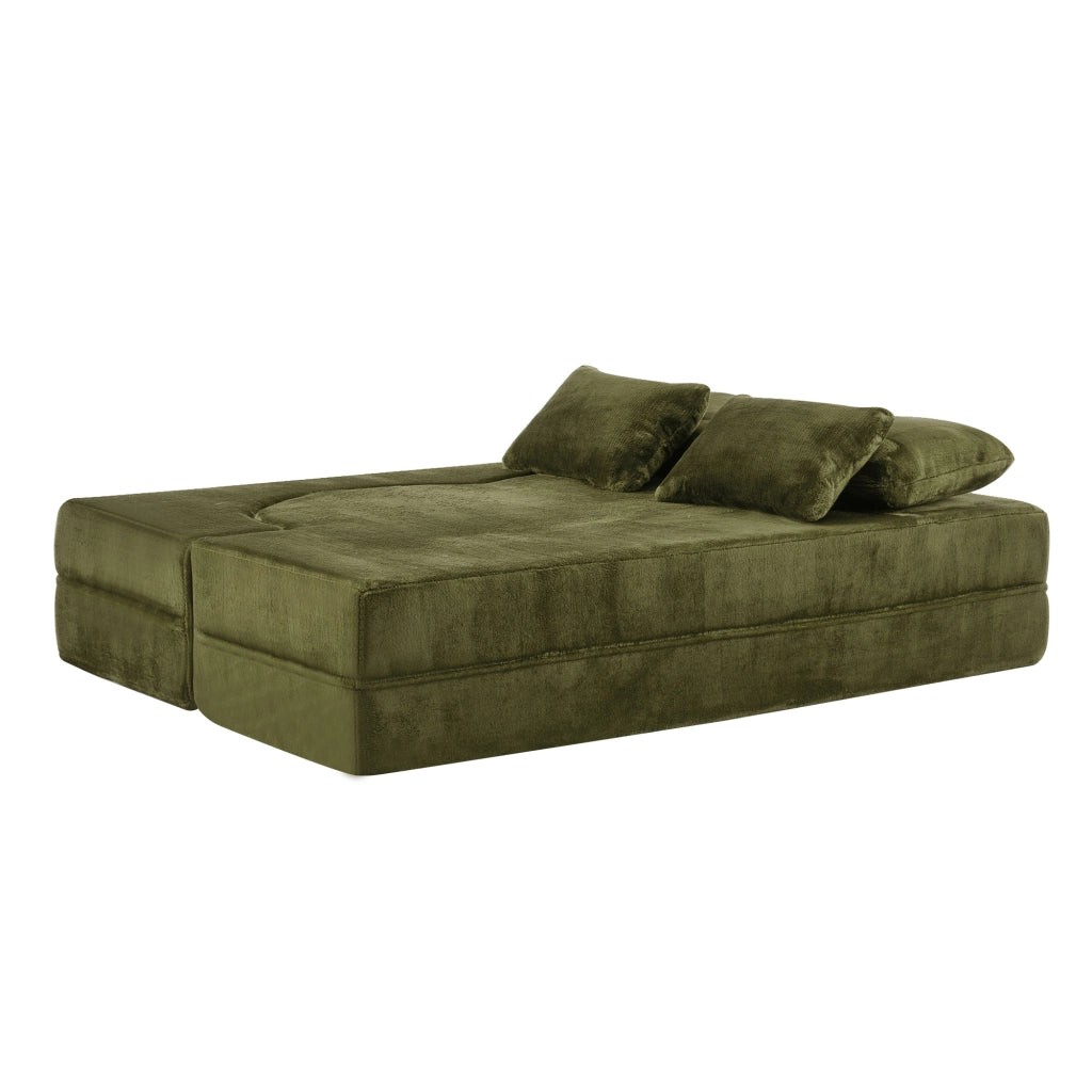 Divano letto modulare verde 2 in 1, 4 cuscini, tessuto peluche, schiuma e molle