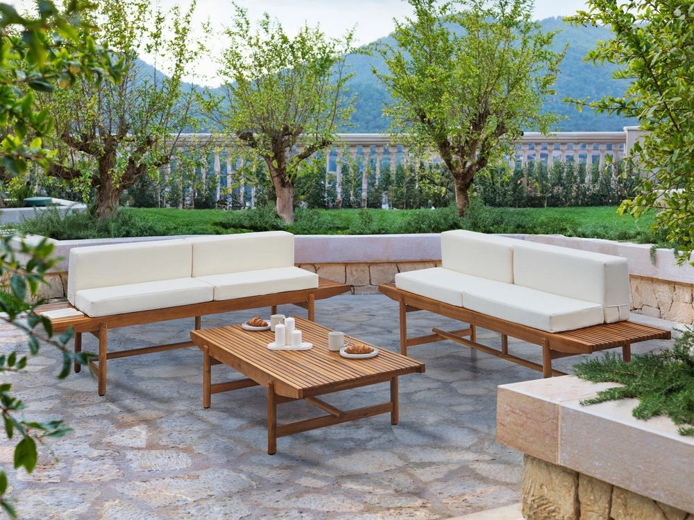 Set di divani da giardino Cuscini bianco sporco Legno di acacia Rustico per esterni 4 posti con tavolino