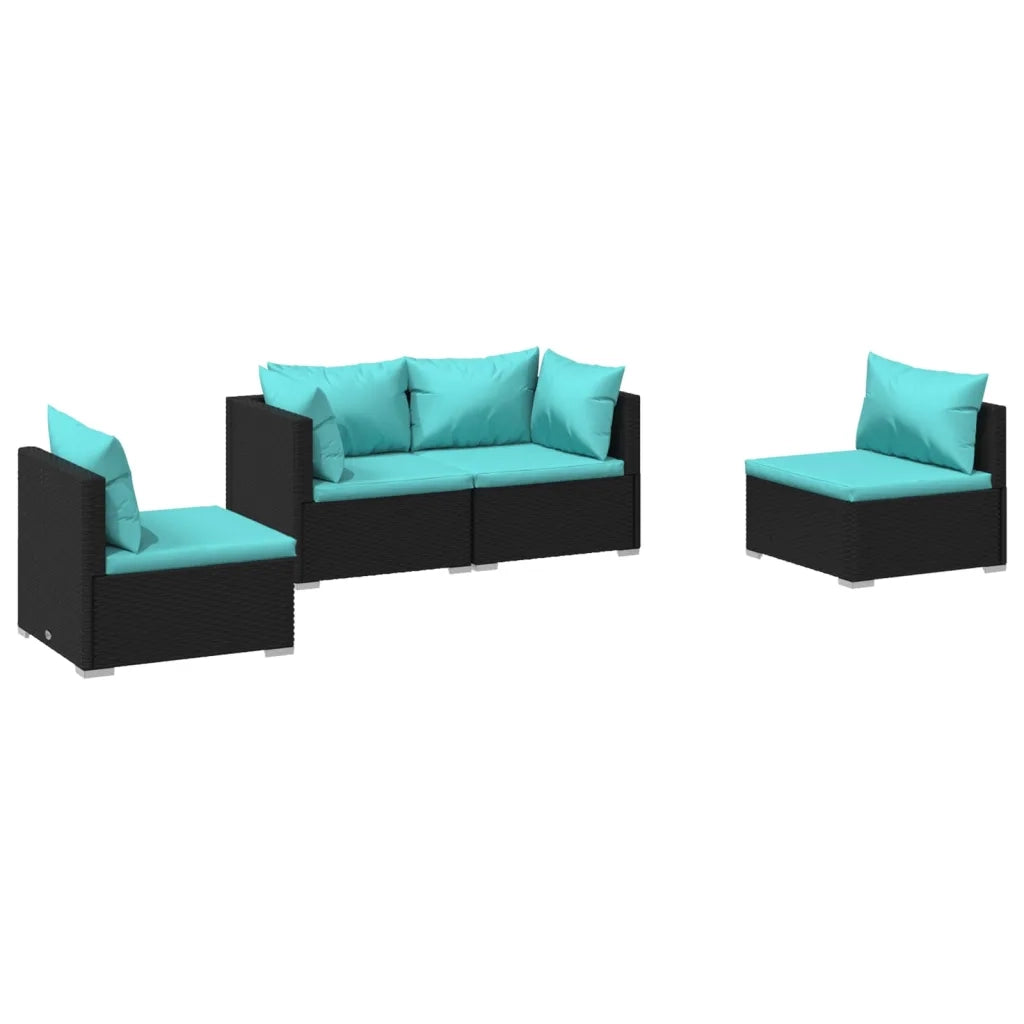 Set Divani da Giardino 4 pz | Set Salotto da Giardino con Cuscini in Polyrattan Nero