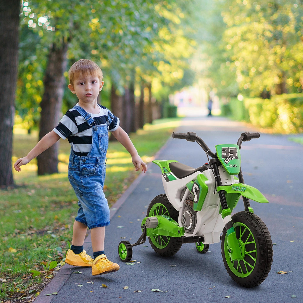 Moto da Cross Elettrica per Bambini con Rotelle, in PP e Metallo, 106.5x51.5x68 cm, Verde