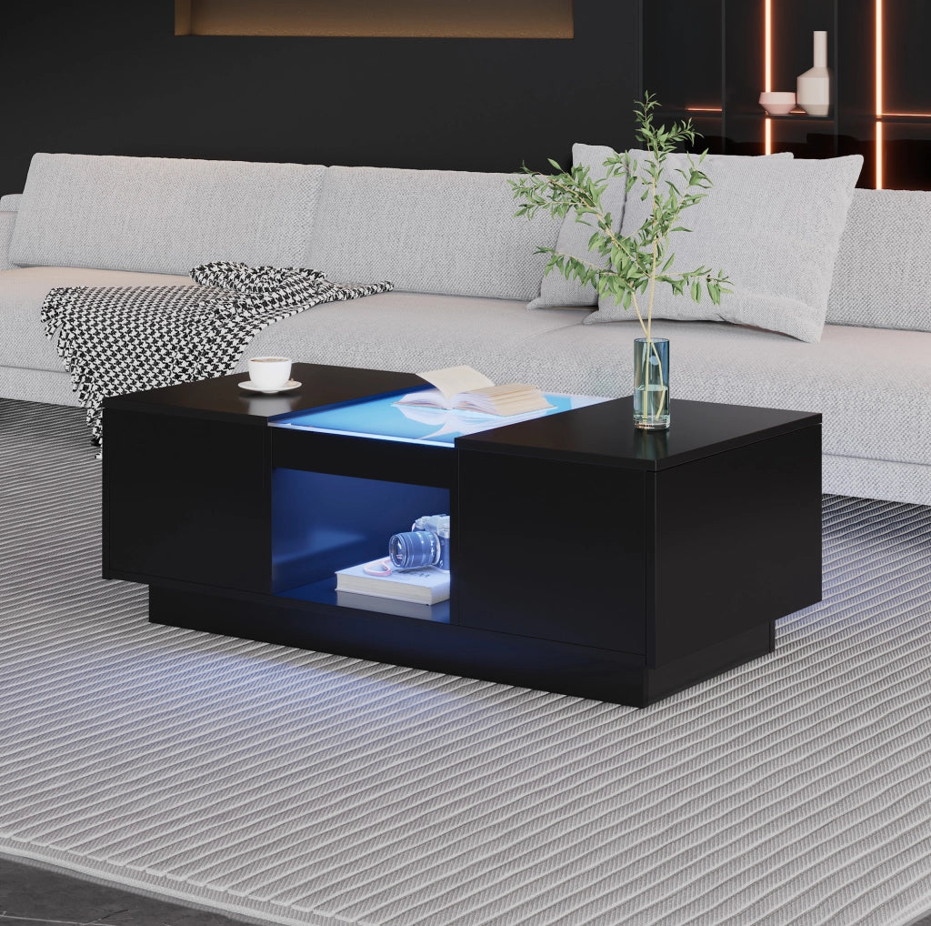 Tavolino 100x50x35，5 cm nero con vetro， LED e app， 2 cassetti