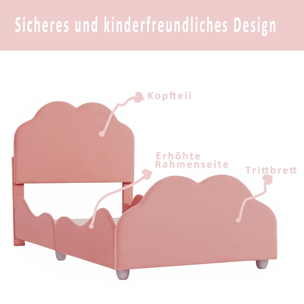 DESMIU Letto per Bambini Singolo con Sponda e Testiera Regolabile 90 × 200 cm, senza materasso, Rosa, Imbottito