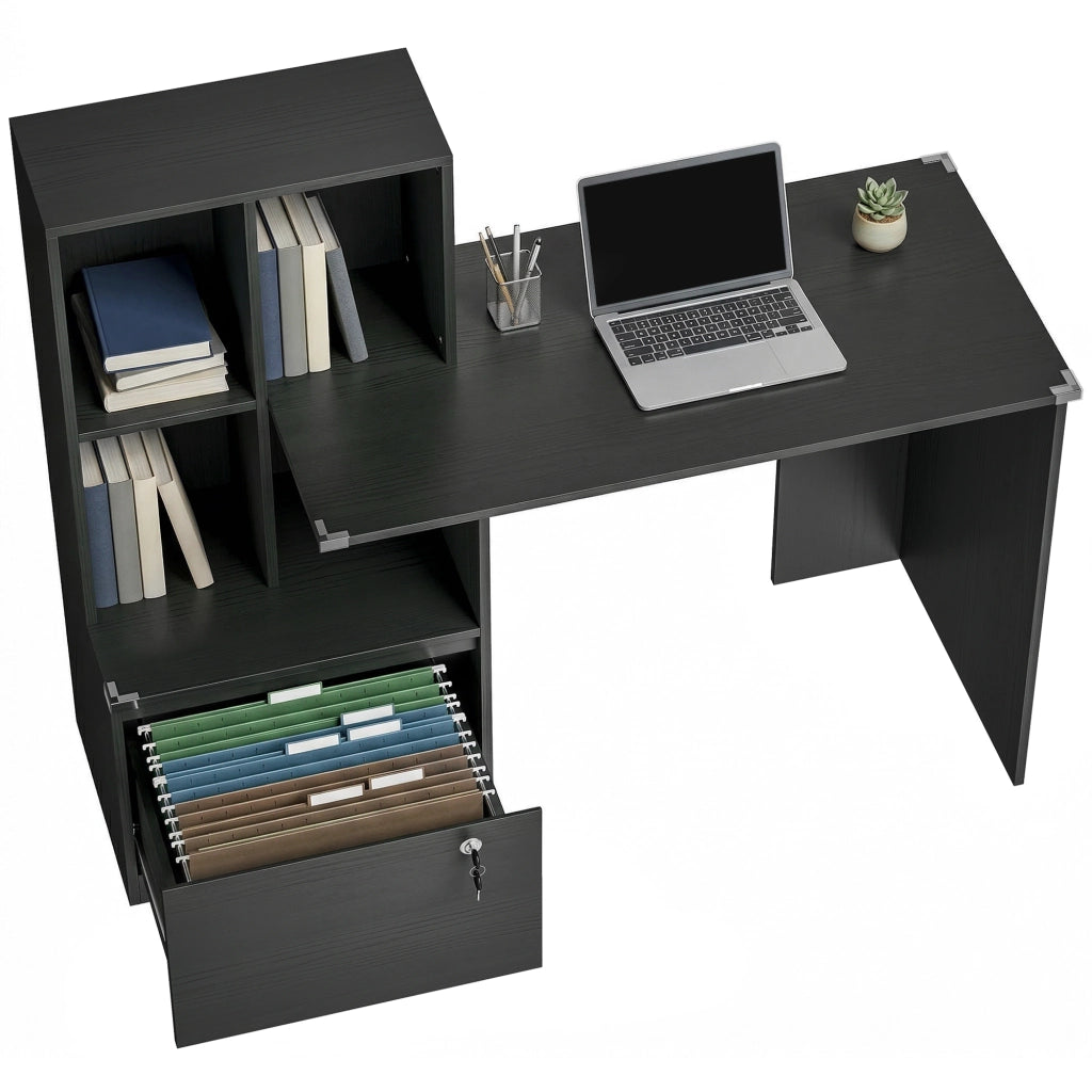 Scrivania con libreria e cassetto bloccabile ¨C Zephmum ¨C Nero, legno, 126x50x109 cm