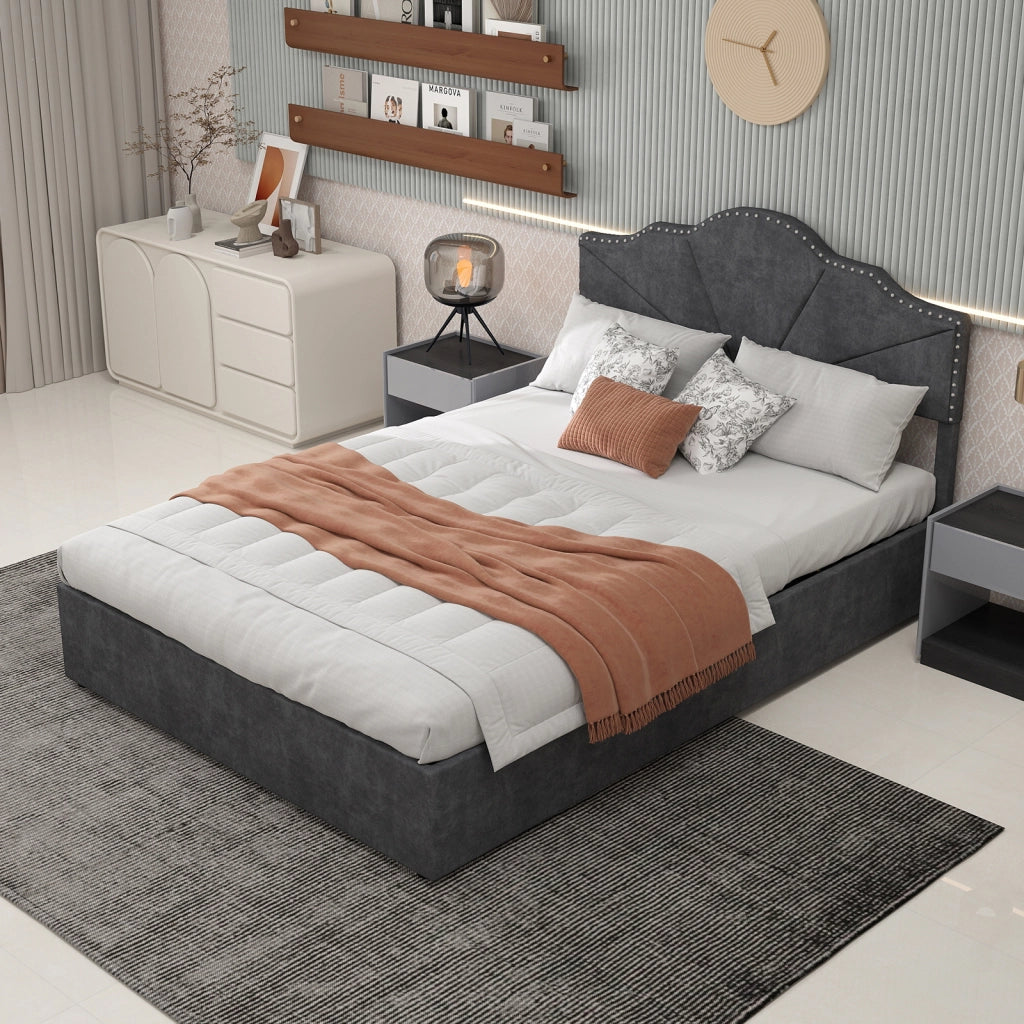 Letto Contenitore Imbottito ¨C MINIMAL ¨C Grigio 160x200 con Testiera, Doghe e Sollevamento Idraulico