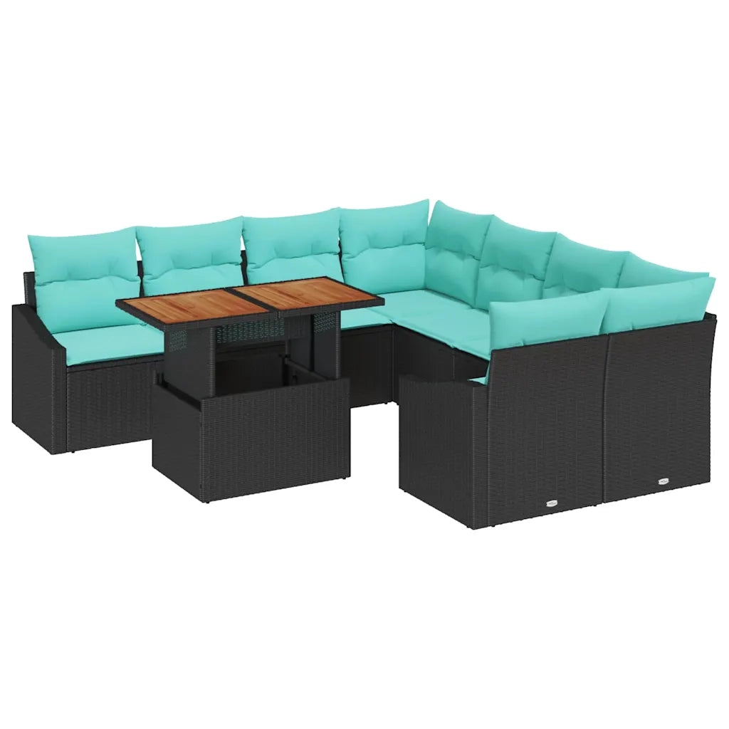 Set da Pranzo per Giardino con cuscino 9 pcs Nero e Verde acqua