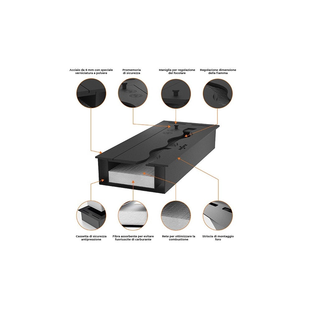 Bruciatore Inserto a Bioetanolo 120cm in Inox nero da incasso da 5 lt