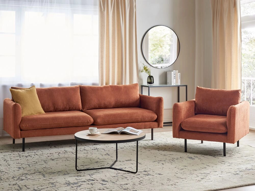 Set da salotto con divano 3 posti e poltrona  imbottita in tessuto ciniglia marrone dorato e gambe nere Stile Retrò Moderno