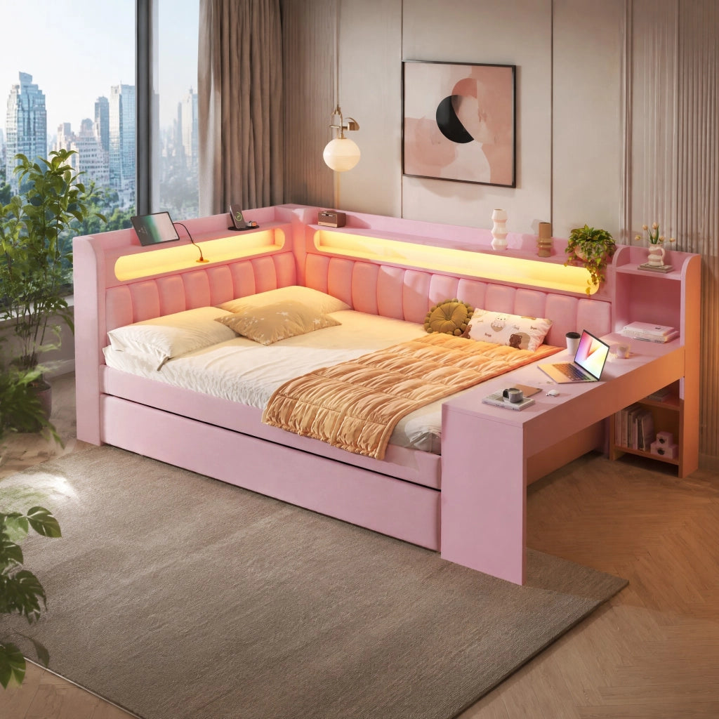 Letto a soppalco imbottito 140x200 cm rosa con LED; USB; letto estraibile e scrivania